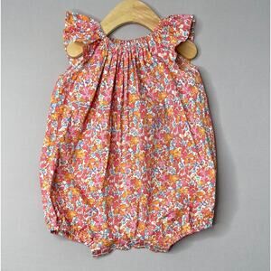 Busy Bees Floral Pink/Orange Amelia Flutter Sleeve Bubble Romper Girls 24 Mo
